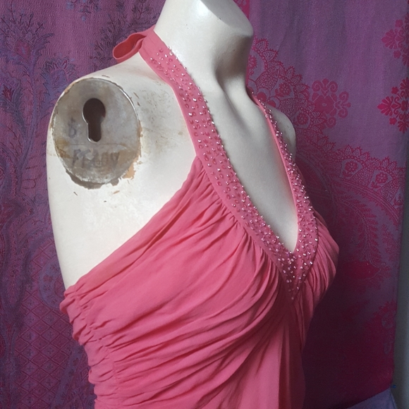 2/$35 Bebe Coral Pink Beaded Ruched Silk Halter Top - Picture 11 of 16